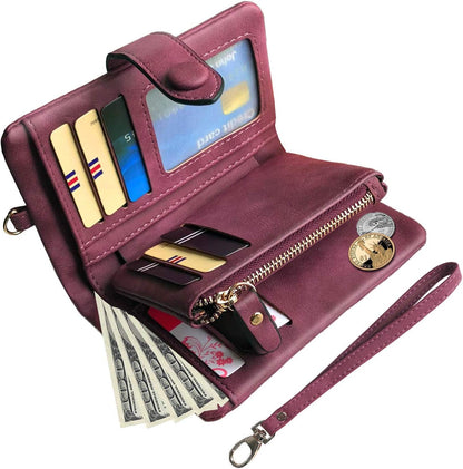 HOTPofeeXIO Womens Small Bifold Leather Wallets RFID Ladies Wristlet with Card Slots id Window Zipper Coin Purse | Small