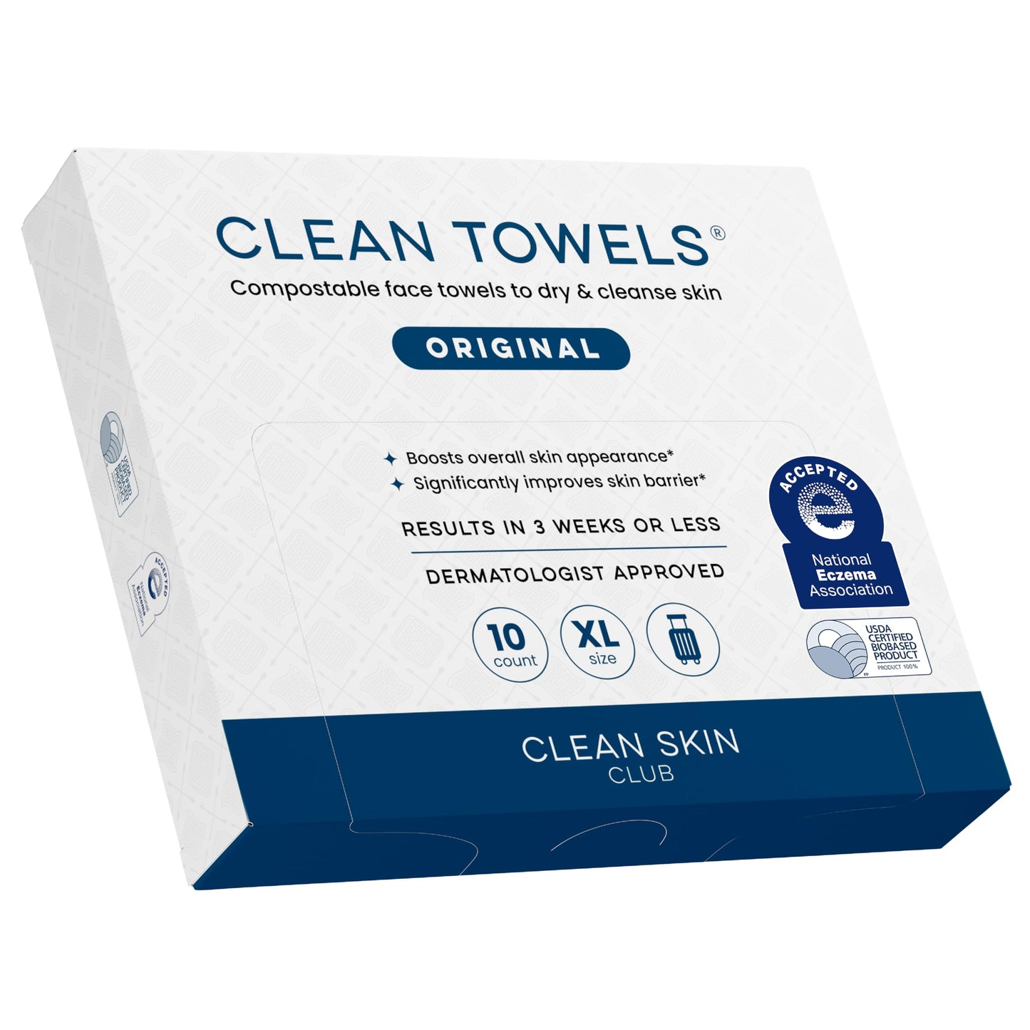 HOTClean Skin Club Clean Towels XL®, Travel Pack 100% USDA Biobased Disposable Face Towel, Eczema Association Accepted,Dry Wipes, TSA-Approved Travel Essential, 3 Packs, 30 ct Total