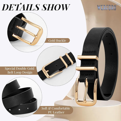 HOTWERFORU 3 PACK Women Belt Women Fashion Leather Belts for Jeans Pants Ladies Belts with Gold Buckle