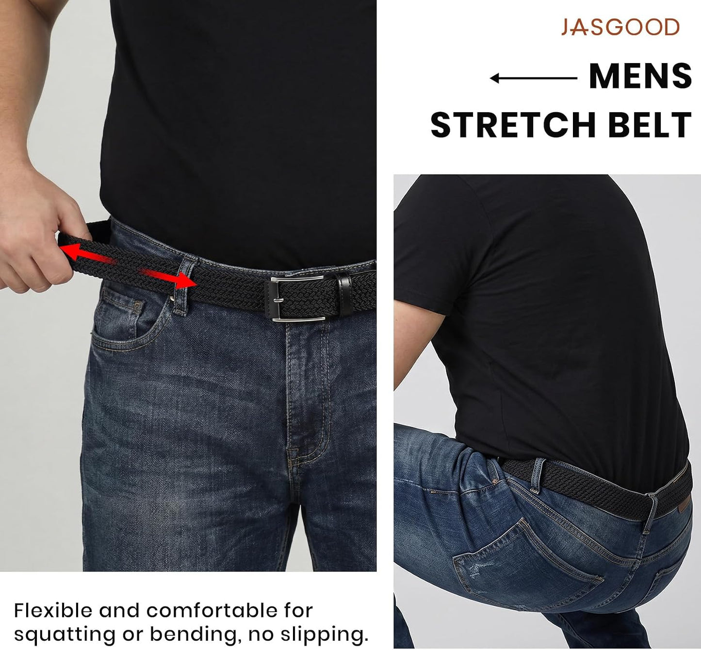 HOTJASGOOD Stretchy Golf Belts for Men, 3-Pack Elastic Braided Belt for Golf Pants Jeans, 1 3/8" Casual Woven Men’s Belt