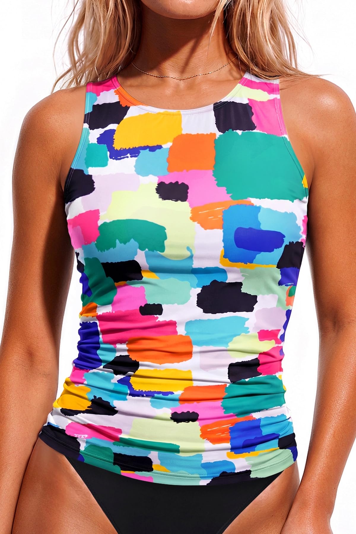 HOTDaci Tankini Tops for Women Tummy Control Swim Top Only | High Neck, Ruched Front, Full Coverage, Removable Pads, No Bottom, Soft Stretch Fabric, Fully Lined, Beach and Water Sports