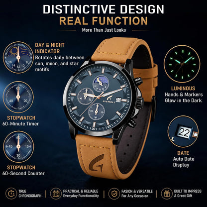 HOTFashion Casual Analog Watches for Men with Functional Chronograph Subdials | Mens Watches with Decorative Sun-Moon Dial, Auto Date, Dual Timers, Luminous, Waterproof, Gifts for Men Dad Husband Boyfriend
