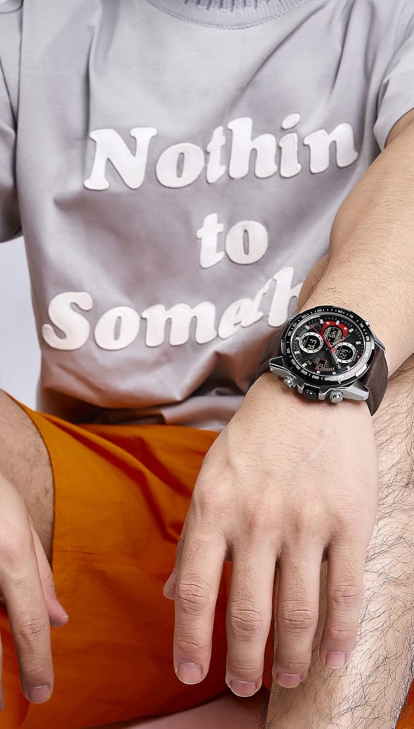 HOTNAVIFORCE Men's Military Digital Watches Analog Quartz Waterproof Watch Sport Multifunctional Leather Wristwatch