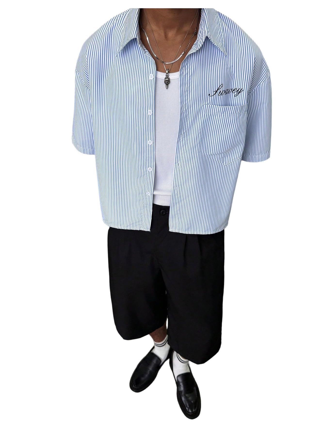 HOTGORGLITTER Men's Striped Button Down Up Cropped T Shirt Short Sleeve Letter Summer Vacation Shirts Boxy Tees Streetwear | Vintage Gingham Shirt, Drop Shoulder Crop Top, Y2K Streetwear, Summer Vacation Clothes
