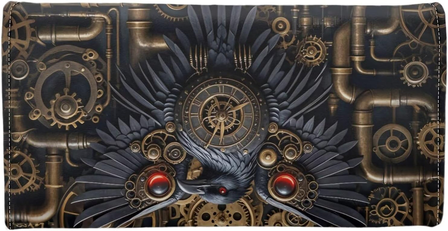 HOTBlack Raven PU Leather Wallet for Women Retro Victorian Steampunk Art Leather Card Holder Large Capacity, Mechanical Gears Crow Ladies Long Purse with ID Window