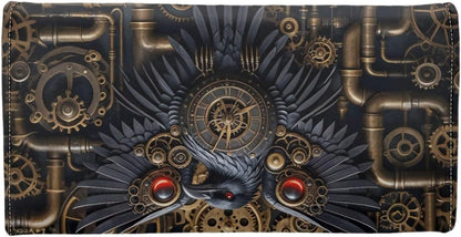 HOTBlack Raven PU Leather Wallet for Women Retro Victorian Steampunk Art Leather Card Holder Large Capacity, Mechanical Gears Crow Ladies Long Purse with ID Window