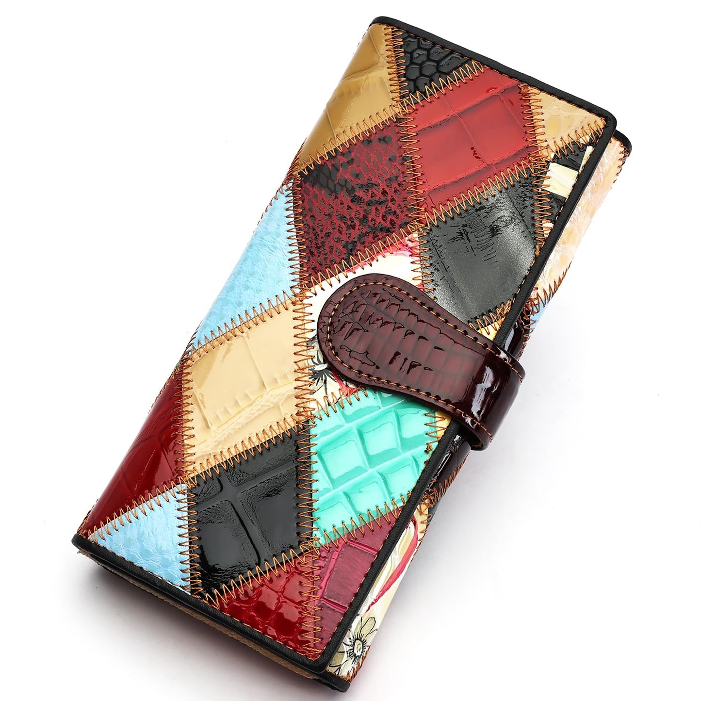 HOTMASIWEI Genuine Leather Patchwork Wallet for Women Multicolor Trifold Wallets Ladies Card Holder Money Organizer with Coin Purse