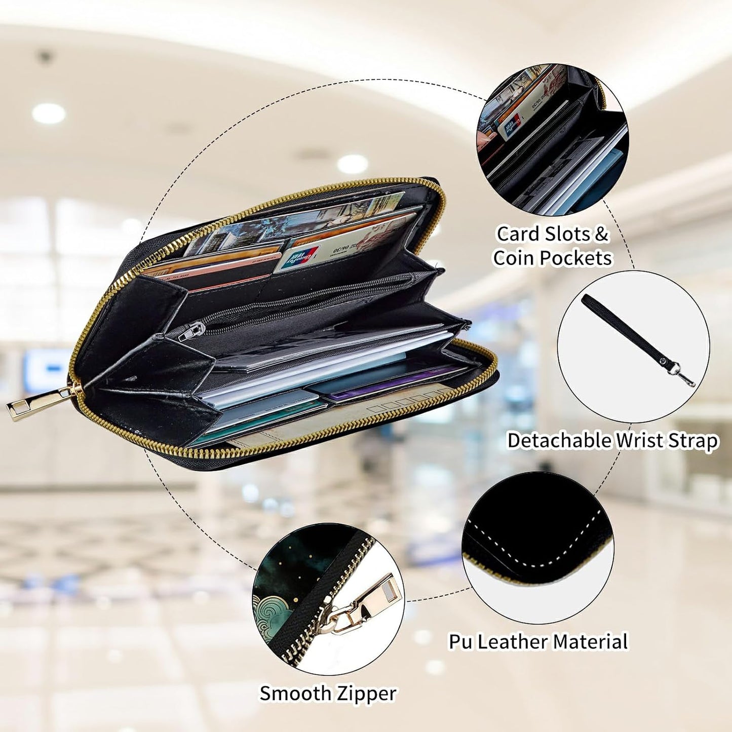 HOTWomens Wallet, Large Capacity RFID Blocking PU Leather Wristlet Wallets for Women Ladies Men Credit Card Holder Zipper Wallet Phone Holder Clutch Travel Purse, Art Moon Starry Night