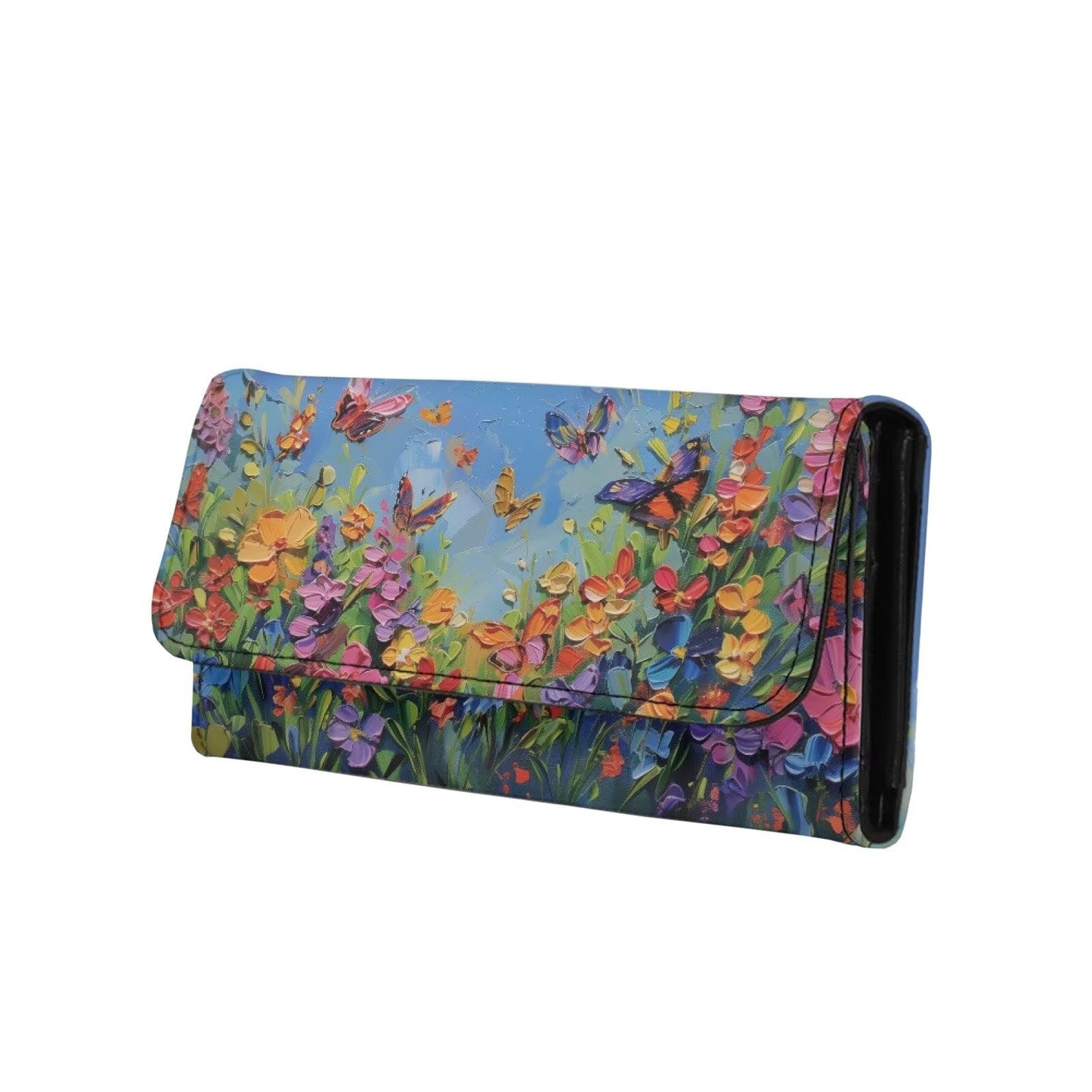 HOTPainting Iris Long Wallets for Women PU Leather Ladies Billfold Wallet,Snap Closure, Purple White Yellow Flowers Trifold Clutch Checkbook Purse with Zipper Pocket