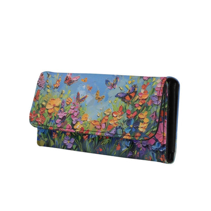 HOTPainting Iris Long Wallets for Women PU Leather Ladies Billfold Wallet,Snap Closure, Purple White Yellow Flowers Trifold Clutch Checkbook Purse with Zipper Pocket