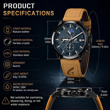 HOTFashion Casual Analog Watches for Men with Functional Chronograph Subdials | Mens Watches with Decorative Sun-Moon Dial, Auto Date, Dual Timers, Luminous, Waterproof, Gifts for Men Dad Husband Boyfriend
