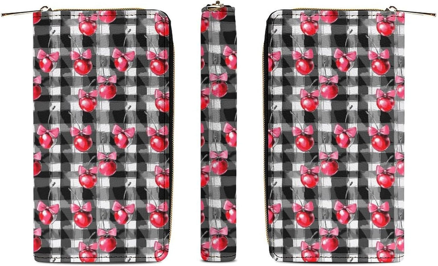 HOTCherry Bow Coquette Checkered Long Wallet Leather Hand Wallets Zipper Travel Credit Card Holder Clutch Wallet 7.8X4.1 Inch