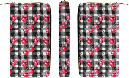 HOTCherry Bow Coquette Checkered Long Wallet Leather Hand Wallets Zipper Travel Credit Card Holder Clutch Wallet 7.8X4.1 Inch
