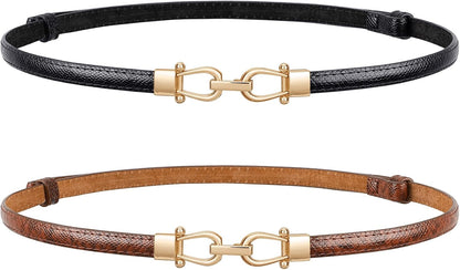 HOTJASGOOD Leather Skinny Belts for Women Plus Size Ladies Thin Waist Belts Adjustable for Jeans Pants Dresses with Gold Buckle