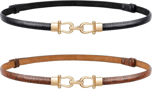 HOTJASGOOD Leather Skinny Belts for Women Plus Size Ladies Thin Waist Belts Adjustable for Jeans Pants Dresses with Gold Buckle