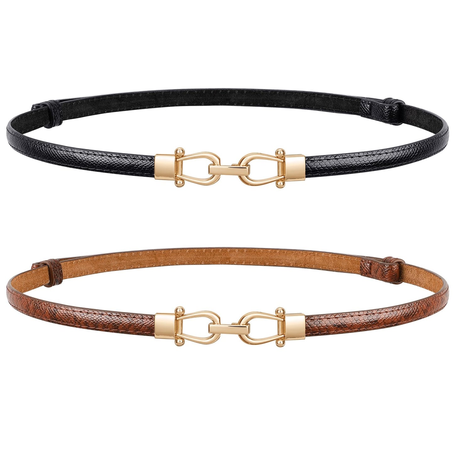 HOTJASGOOD Leather Skinny Belts for Women Plus Size Ladies Thin Waist Belts Adjustable for Jeans Pants Dresses with Gold Buckle