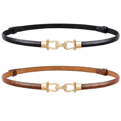 HOTJASGOOD Leather Skinny Belts for Women Plus Size Ladies Thin Waist Belts Adjustable for Jeans Pants Dresses with Gold Buckle