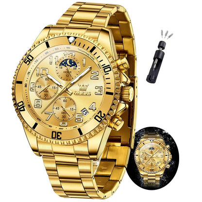 HOTOLEVS Mens Watches Chronograph Watch Luxury Dress Stainless Steel Waterproof Watches for Men Moon Phase Luminous Business Calendar Wrist Watch Blue/Black/Green/Gold/Face
