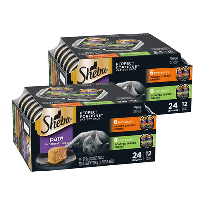 HOTSheba Perfect Portions Pate Wet Cat Food, Multipack, 2.6 oz, 24 ct | Grain-free, Chicken, Turkey & Beef, 48 servings, no artificial flavors/preservatives, complete & balanced, twin-pack trays