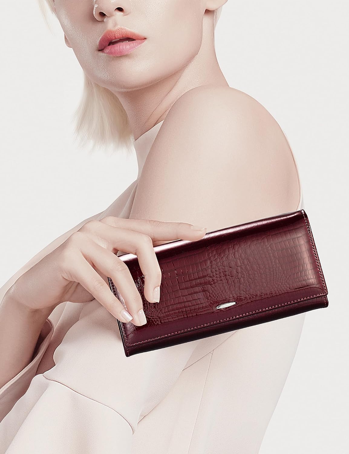 HOTWomen's Long Leather Wallet, Black Burgundy Multi-Color | Credit Card Purse, Trifold, Genuine Leather, Clutch