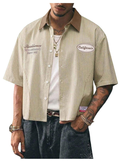 HOTGORGLITTER Men's Striped Button Down Up Cropped T Shirt Short Sleeve Letter Summer Vacation Shirts Boxy Tees Streetwear | Vintage Gingham Shirt, Drop Shoulder Crop Top, Y2K Streetwear, Summer Vacation Clothes