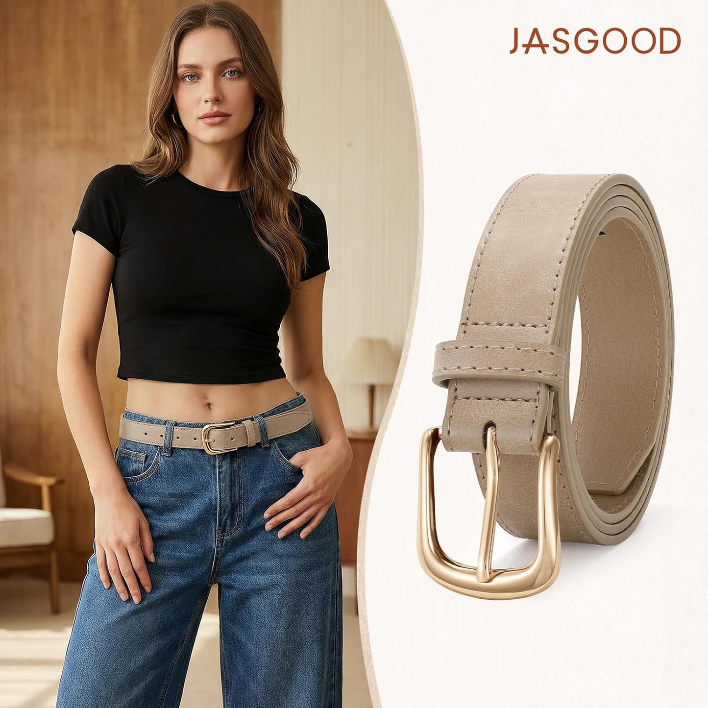 HOTJASGOOD Women Leather Belt with Gold Buckle Vintage Elegant Casual Waist Belt for Jeans Pants