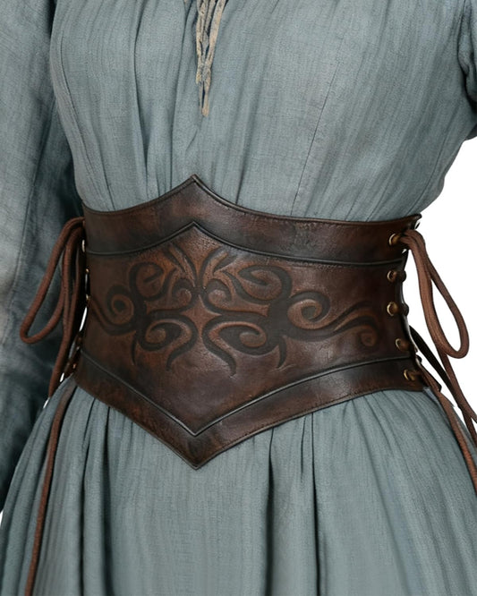 HOTL'VOW Women's Brown PU Leather Viking Renaissance Medieval Wide Cinch Corset Belt Adjustable Lace-Up