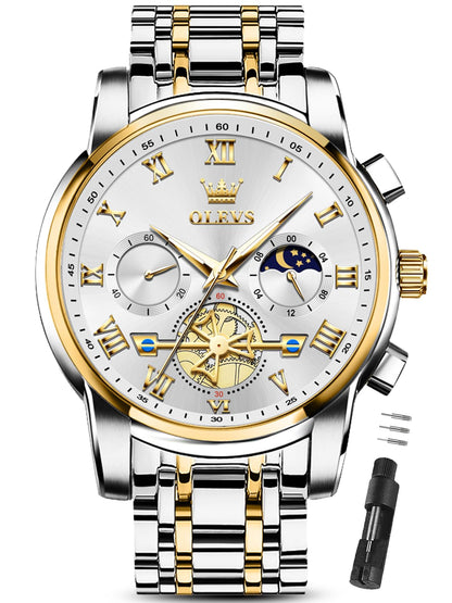 HOTOLEVS Watches for Men with Date Luxury Big Face Waterproof Mens Wristwatch Analog Dress Two Tone Stainless Steel Man Watch Luminous Relojes De Hombre Calendar(Green/Blue/Black Dial