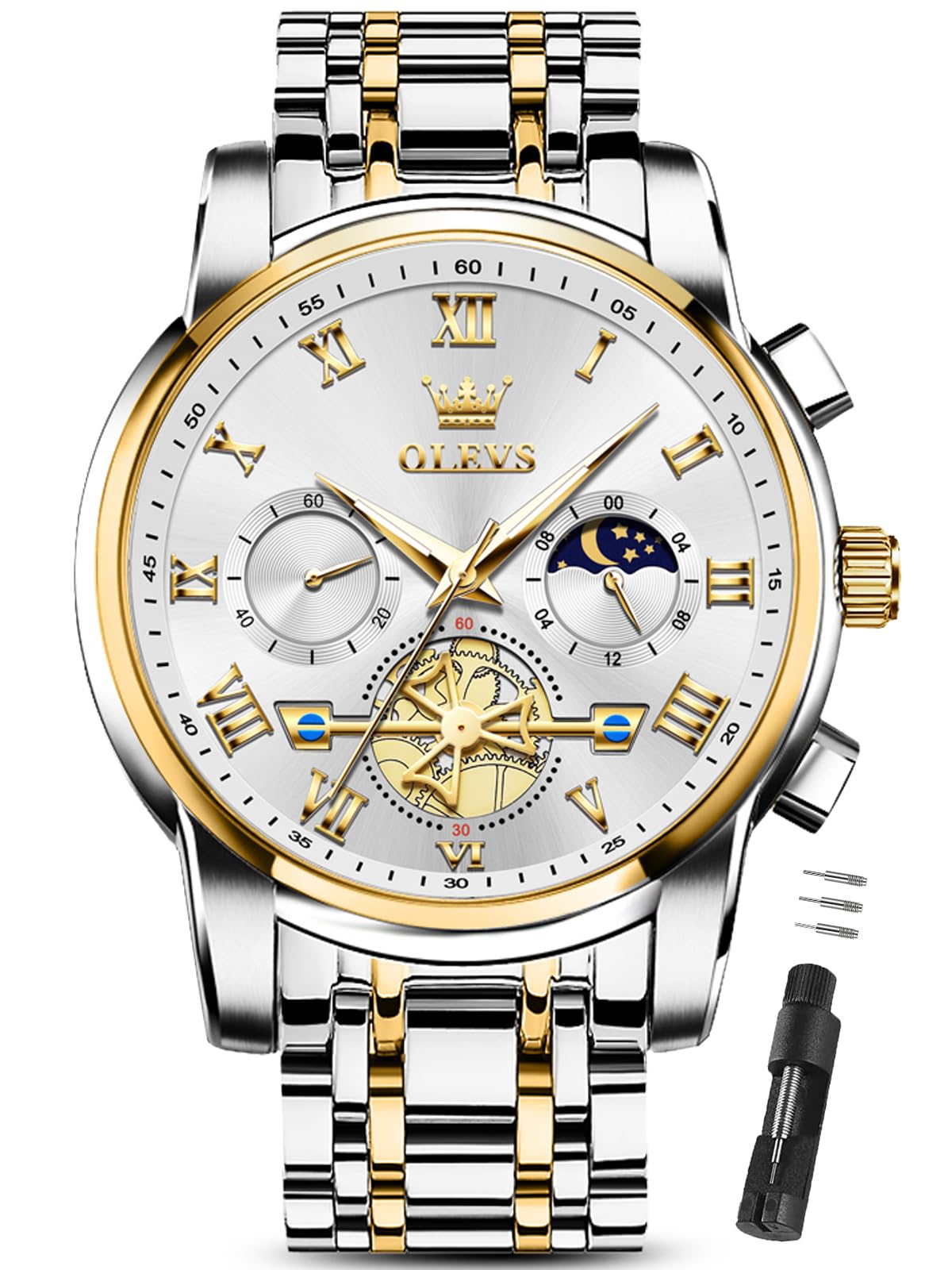 HOTOLEVS Watches for Men with Date Luxury Big Face Waterproof Mens Wristwatch Analog Dress Two Tone Stainless Steel Man Watch Luminous Relojes De Hombre Calendar(Green/Blue/Black Dial