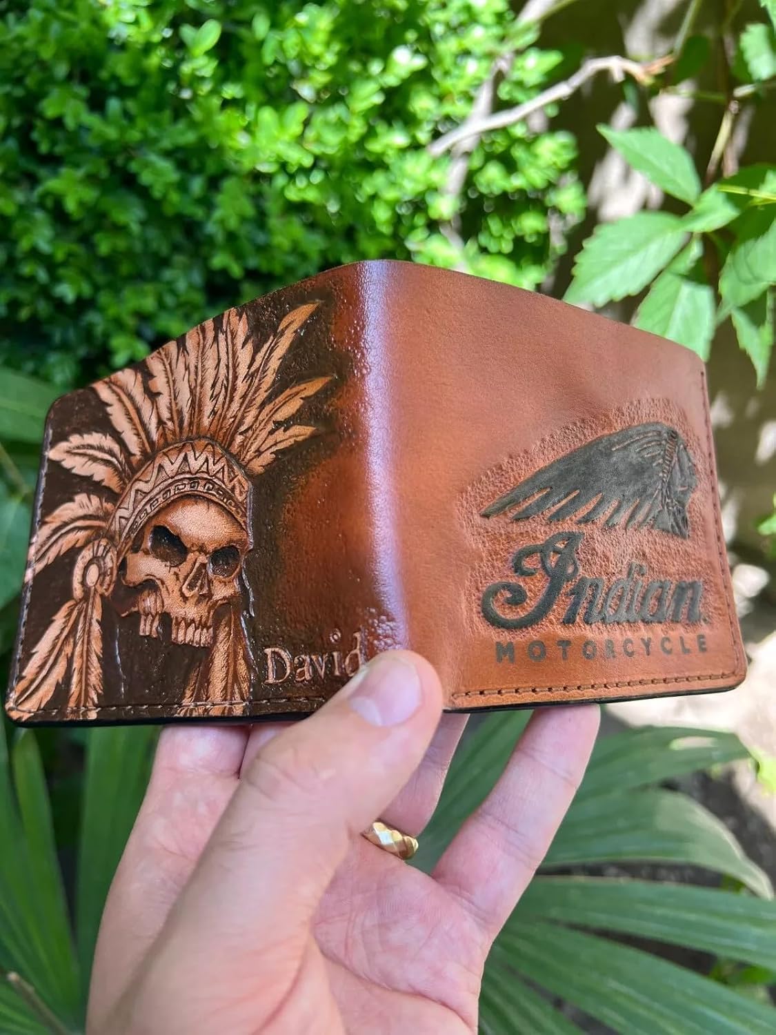 HOTIndian Skull Motorcycle, Red Man, Native American Skull Wallet, 3D Genuine Leather Wallet, Hand Carved, Leather Carving, Carving Wallet, Airbrush Art, Custom wallet, Biker Wallet, A