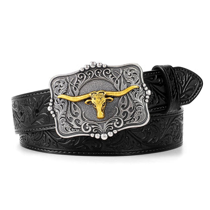 HOTCowboy Cowgirl Belt Western Belts for Men Women Floral Engraved Longhorn Bull Buckle Belt for Jeans