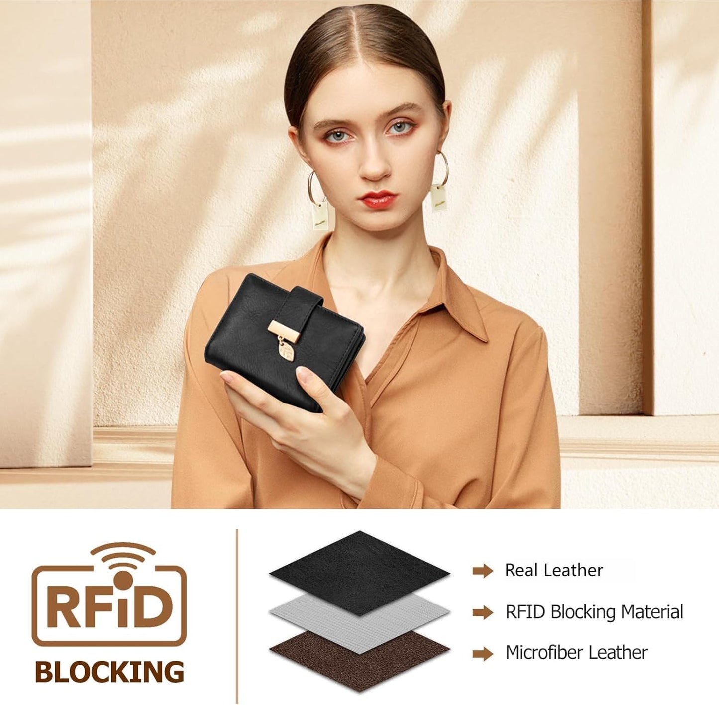 HOTGenuine Leather Wallet for Women RFID Blocking Bifold with Zipper Pocket & ID Window (Dark Brown)