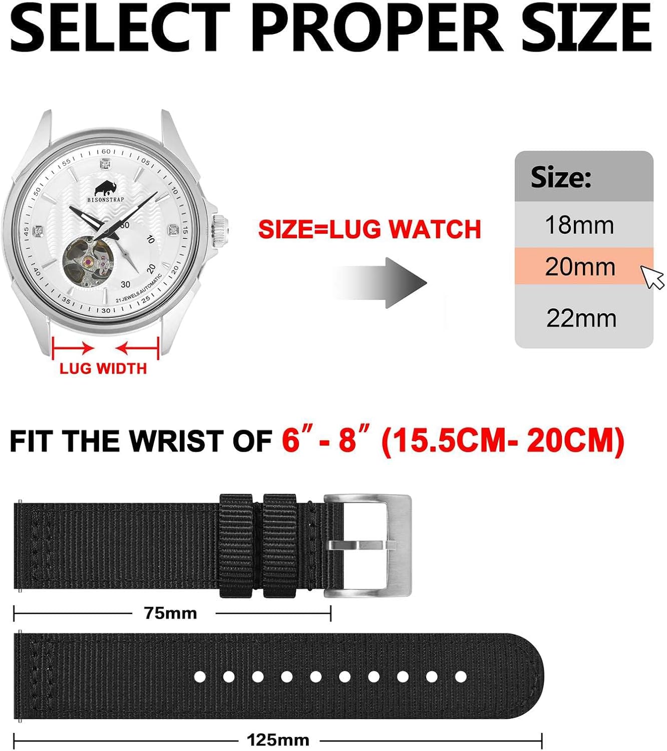 HOTBISONSTRAP Men’s Nylon Watch Bands, Two-Piece Military Watch Straps, Quick Release, Brushed Buckle, Band Width 18mm 19mm 20mm 22mm