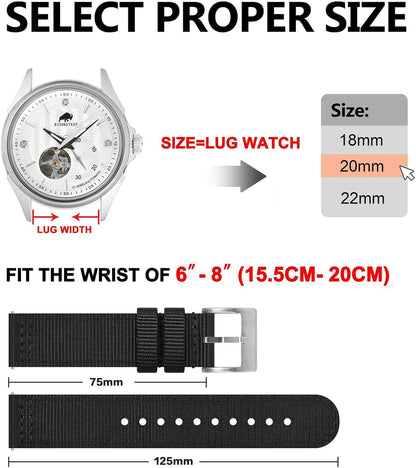 HOTBISONSTRAP Men’s Nylon Watch Bands, Two-Piece Military Watch Straps, Quick Release, Brushed Buckle, Band Width 18mm 19mm 20mm 22mm