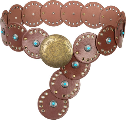 HOTWide Vintage PU-Leather Western-Disc-Concho-Belt Women Boho Cowgirl-Belt