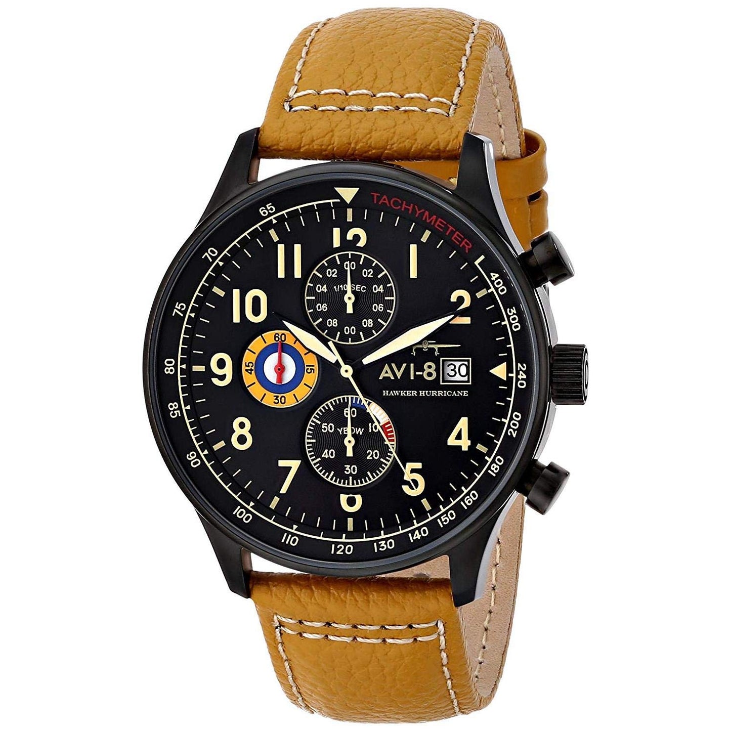 HOTAVI-8 Hawker Hurricane Men's Pilot Watch – Classic Chronograph, Japanese Quartz Movement, Stainless Steel Case, Leather Strap, AV-4011