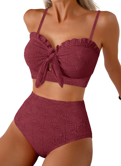 HOTHerseas Women's Seashell Textured Bikini Sets Knotted Front 2 Piece Swimsuits Ruffle Trim Bathing Suits