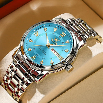 HOTOLEVS Men Watch Blue Gold Analog Quartz Stainless Steel Waterproof Luminous Date Luxury Casual Watch
