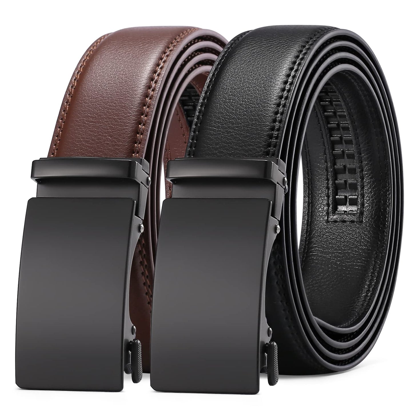 HOTSENDEFN 2 Pack Ratchet Belt Men, Men Leather Belts in Gift Set Box for Dress Casual, Size Adjustable Trim to Fit
