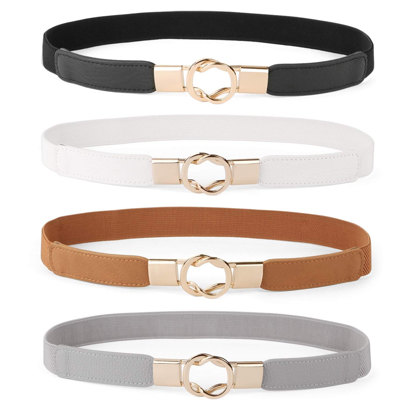 HOTWERFORU Women Skinny Belt for Dresses Retro Stretch Waist Belt with Gold Buckle Set of 4