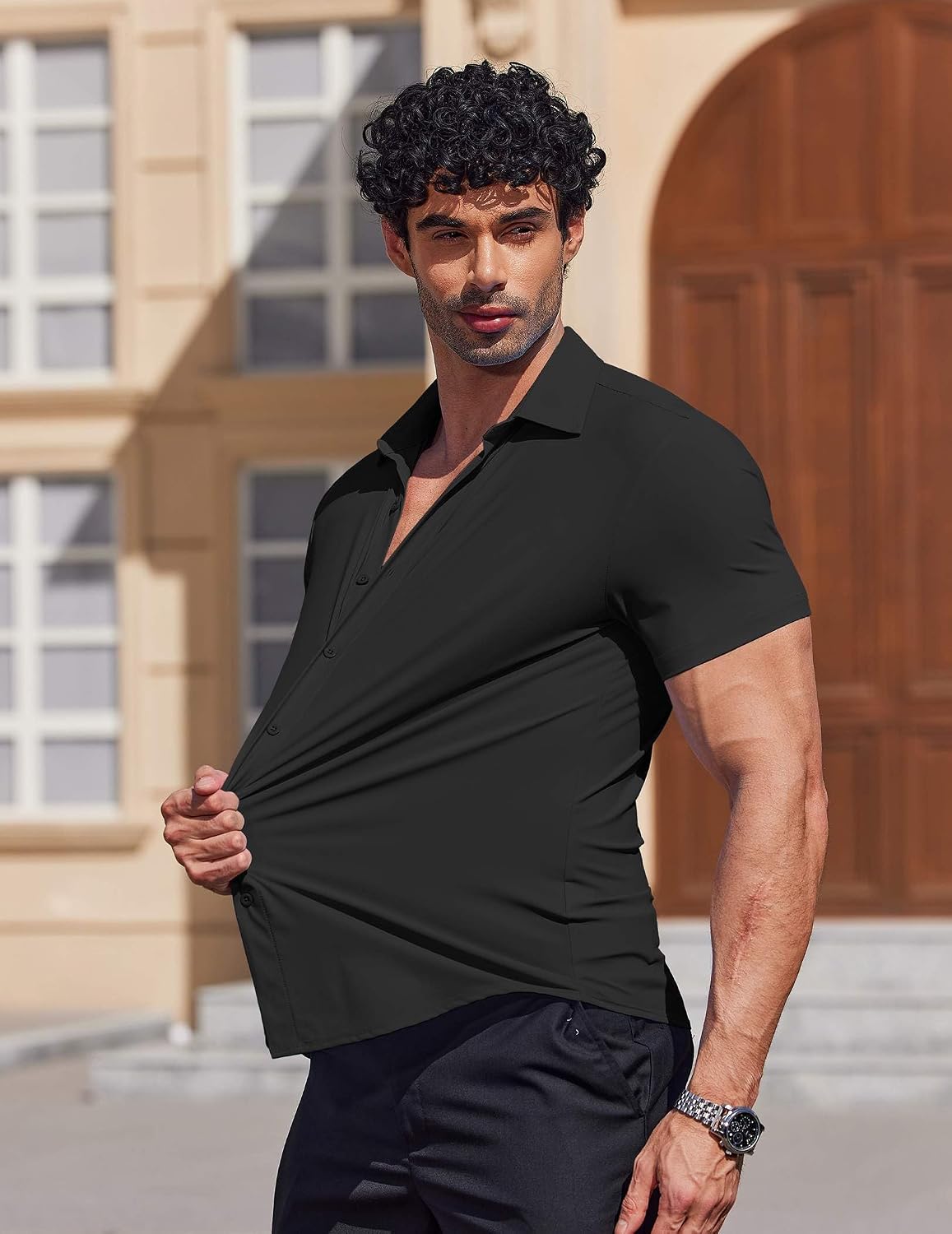 HOTCOOFANDY Mens Muscle Fit Dress Shirts Stretch Wrinkle Free Short Sleeve Button Down Shirt Casual Solid Untucked Shirt
