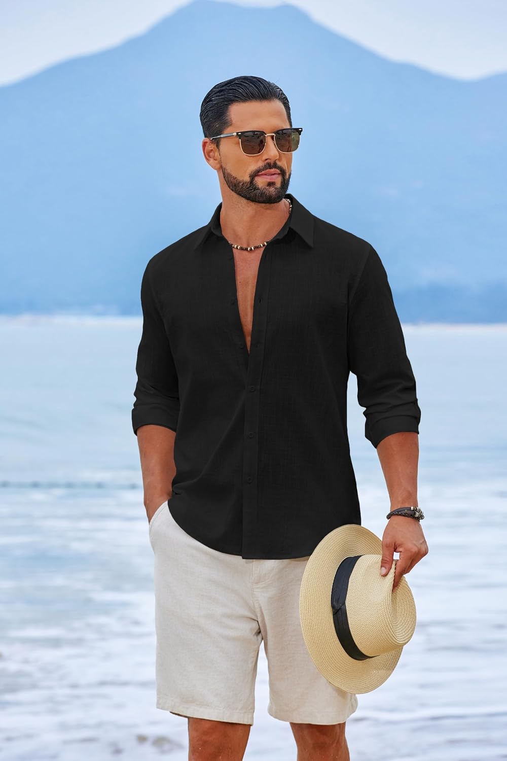 HOTCOOFANDY Men's Casual Button Down Shirts Long Sleeve Cotton Beach Wedding Shirt Summer Linen Shirt for Men