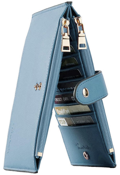 HOTTravelambo Womens Leather Bifold Wallet, Slim RFID Blocking Card Holder | Large Capacity, 16 Card Slots & ID Window, 2 Zipper Pockets, Dual Snap Closure, Slim Lightweight, RFID Privacy Protection