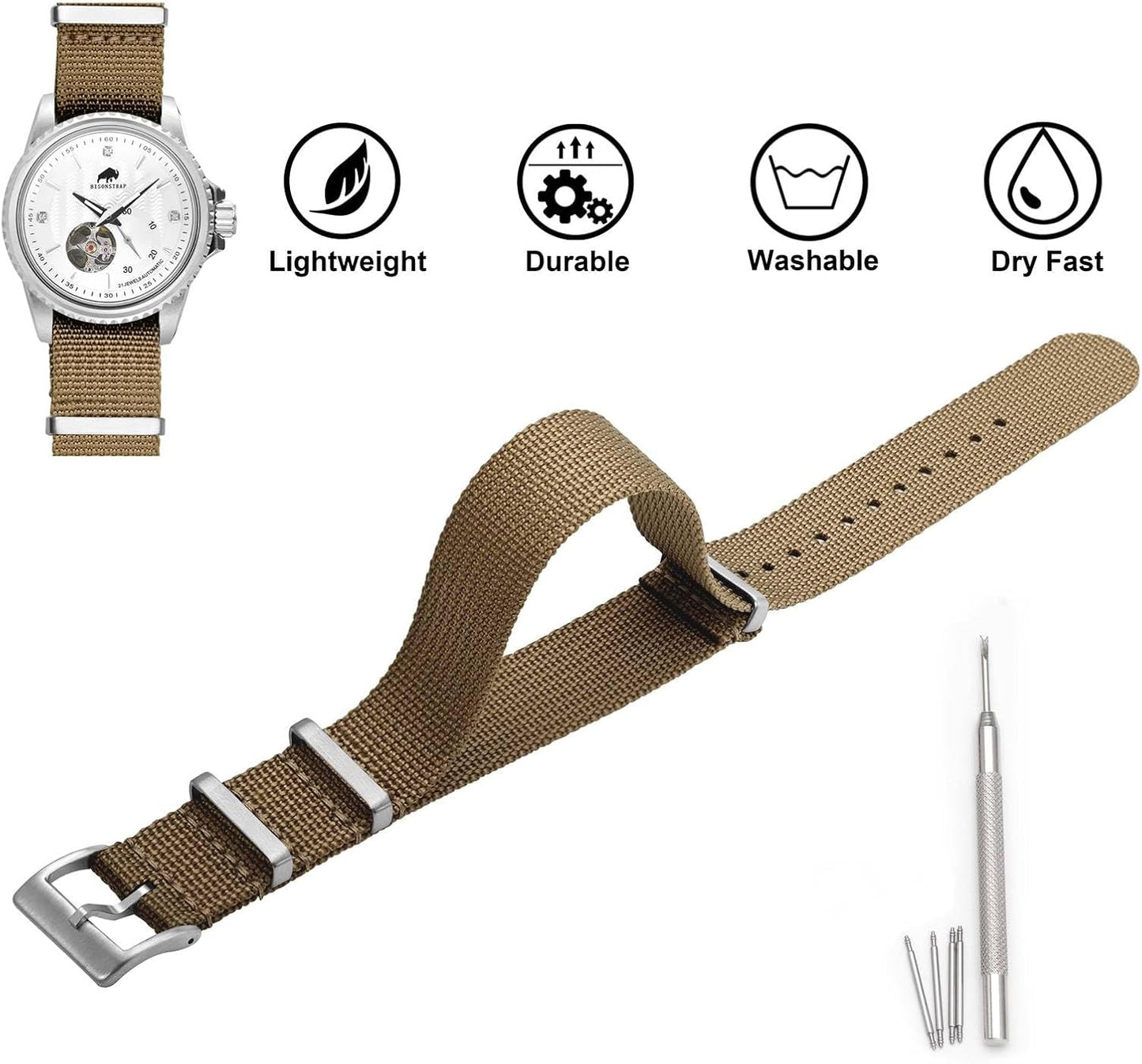 HOTBISONSTRAP Nylon Watch Bands for Men, One-Piece Military Watch Straps, 18mm 20mm 22mm