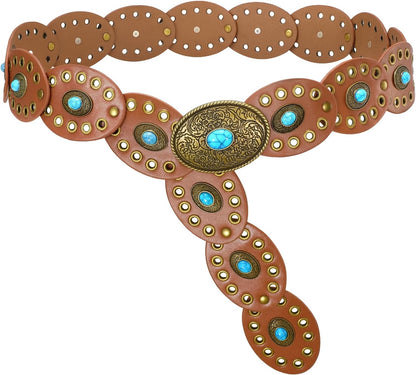 HOTVONMELLI Women Western Disc Belt Cowgirl Concho Leather Belts for Dress Wide Boho Waist Belt for Concert Outfits