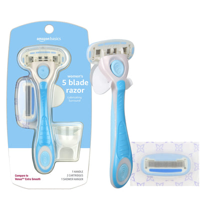 HOTAmazon Basics 5-Blade Razor Handle for Women, Includes 12 Cartridges and Shower Hanger, 14 Piece Set, Blue