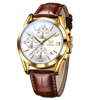 HOTOLEVS Men's Casual Leather Watch, Big Face Chronograph Watch for Men, Fashion Easy to Read Dress Watch, Men's Waterproof Luminous Date Analog Watch, Gold/Black/White/Blue Dial