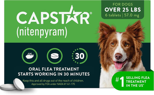HOTCapstar for Dogs (nitenpyram), Fast-Acting Oral Flea Treatment for Dogs Over 25+ lbs, Vet-Recommended Flea Medication Tablets Start Killing in 30 Minutes, 6 Doses | Ideal for Dogs 25+ lbs; Oral Tablet, No Mess; 6 doses; Fast Flea Knockdown