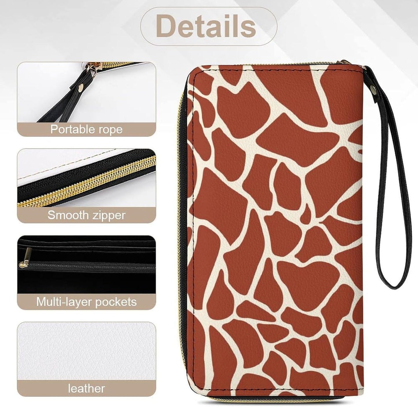 HOTRed Giraffe Skin Pattern Leather Wallet for Women Fashion Long Purse with Zipper Credit Card Holder