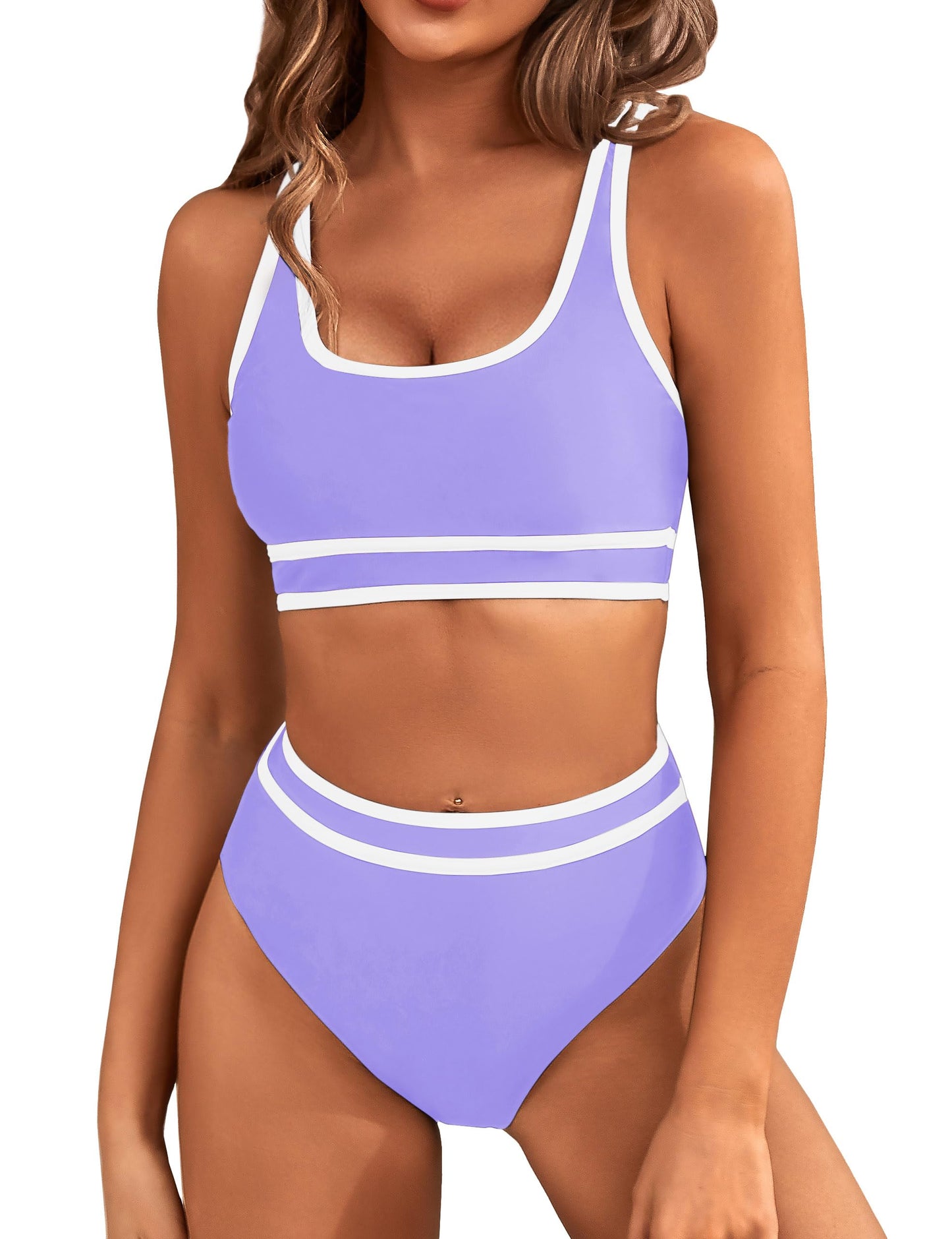 HOTBMJL Women's High Waisted Bikini Sets Sporty Two Piece Swimsuits Color Block Tummy Control Modest Bathing Suit